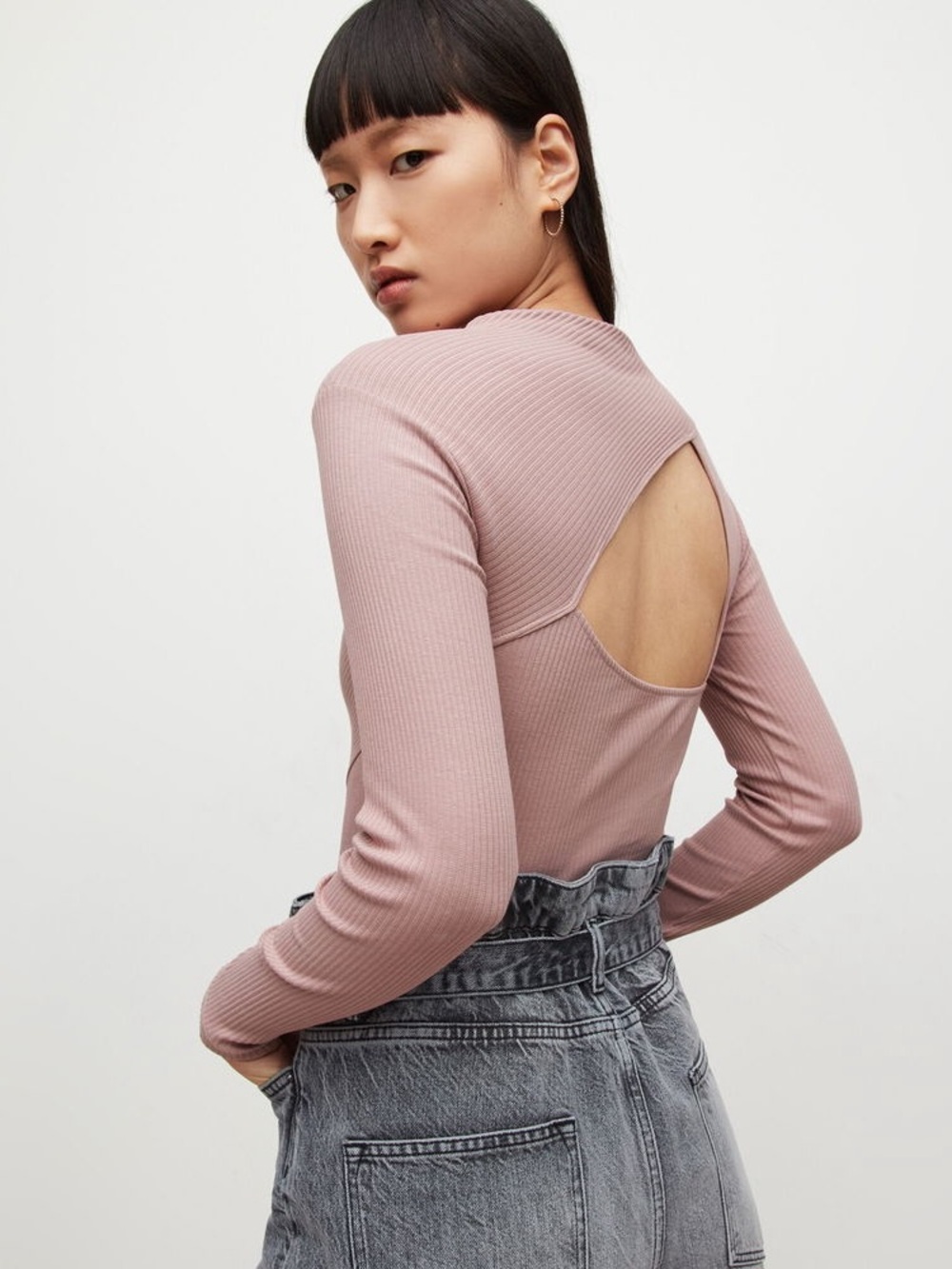 AllSaints Ribbed Gia Open-Back Long Sleeve Bodysuit Top in Dusty Rose Cotton 8